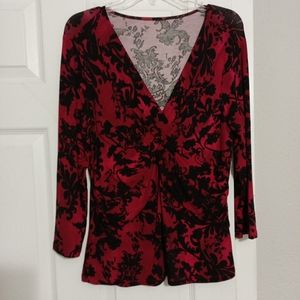 Boutique Maroon/Black Floral Print Long Sleeve V-neck Career Blouse Large